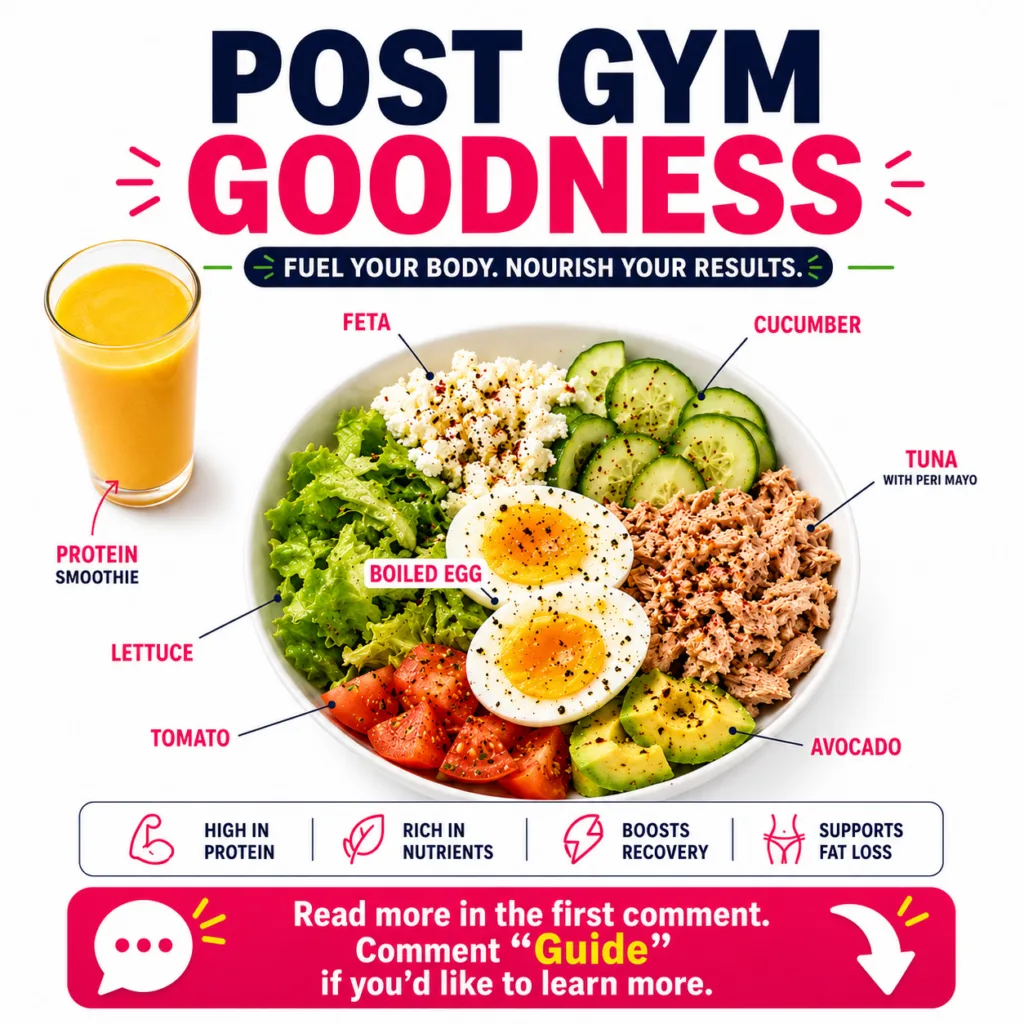 An infographic titled POST GYM GOODNESS showing a vibrant salad bowl with tuna eggs avocado feta and vegetables next to
