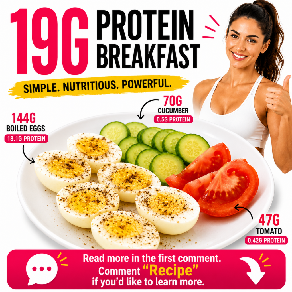 A vibrant and informative image showcasing a high-protein breakfast plate with boiled eggs cucumber and tomato alongside