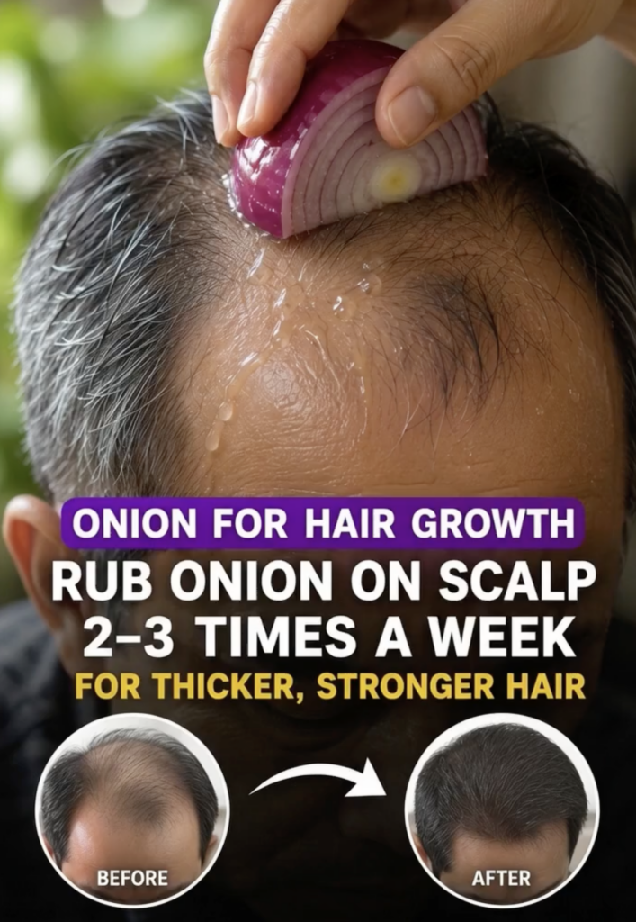 A close-up high-angle shot of a person s scalp with a hand rubbing a halved red onion directly onto the scalp The scalp 