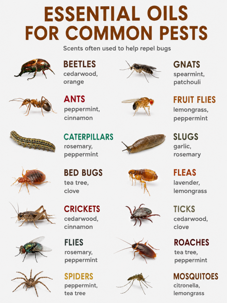 An infographic showing various common pests and the essential oils used to repel them arranged in a clean grid with real
