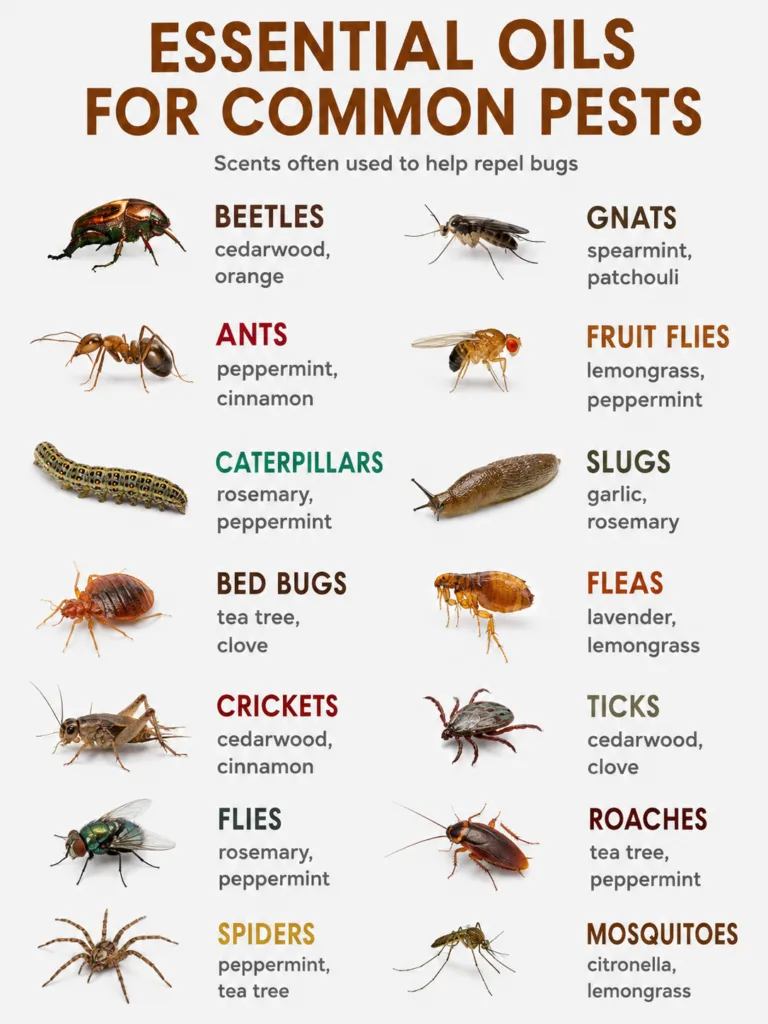 An infographic showing various common pests and the essential oils used to repel them arranged in a clean grid with real