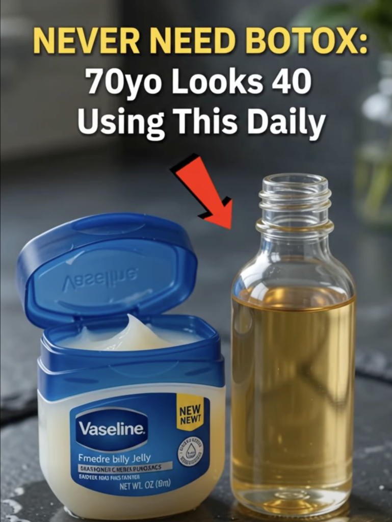 Close-up of a partially open Vaseline jar and a clear bottle of golden facial oil on a dark surface