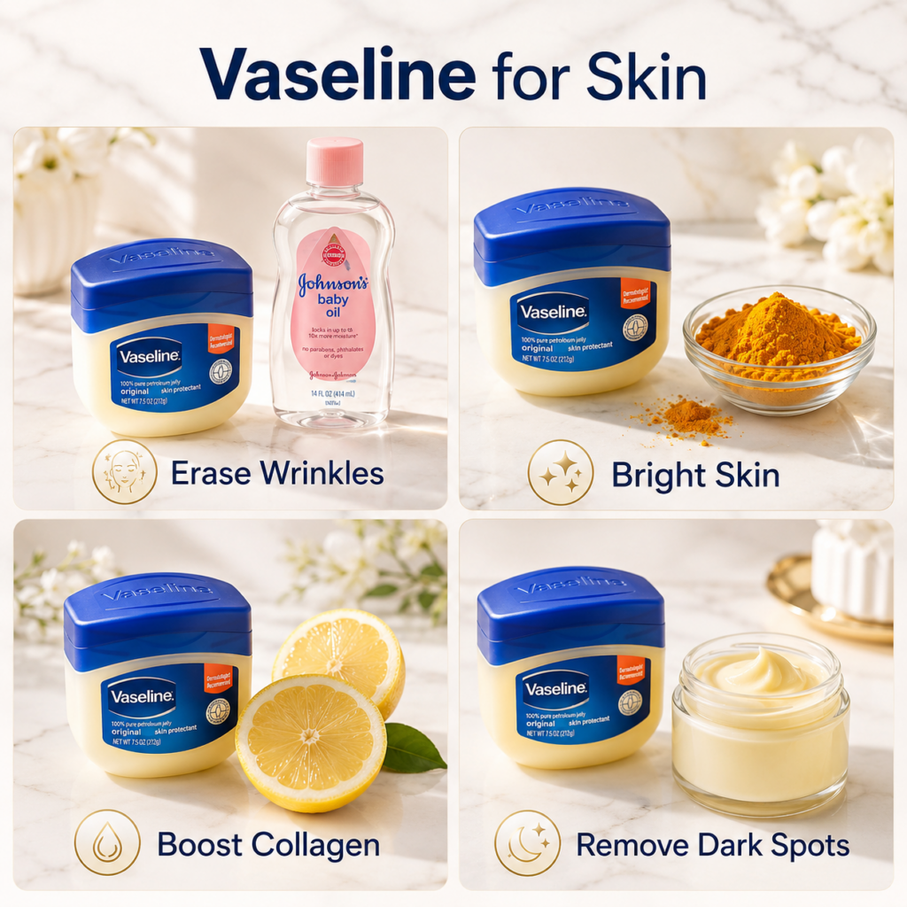 A visually organized collage with four quadrants each showing a blue tub of Vaseline Original petroleum jelly paired wit