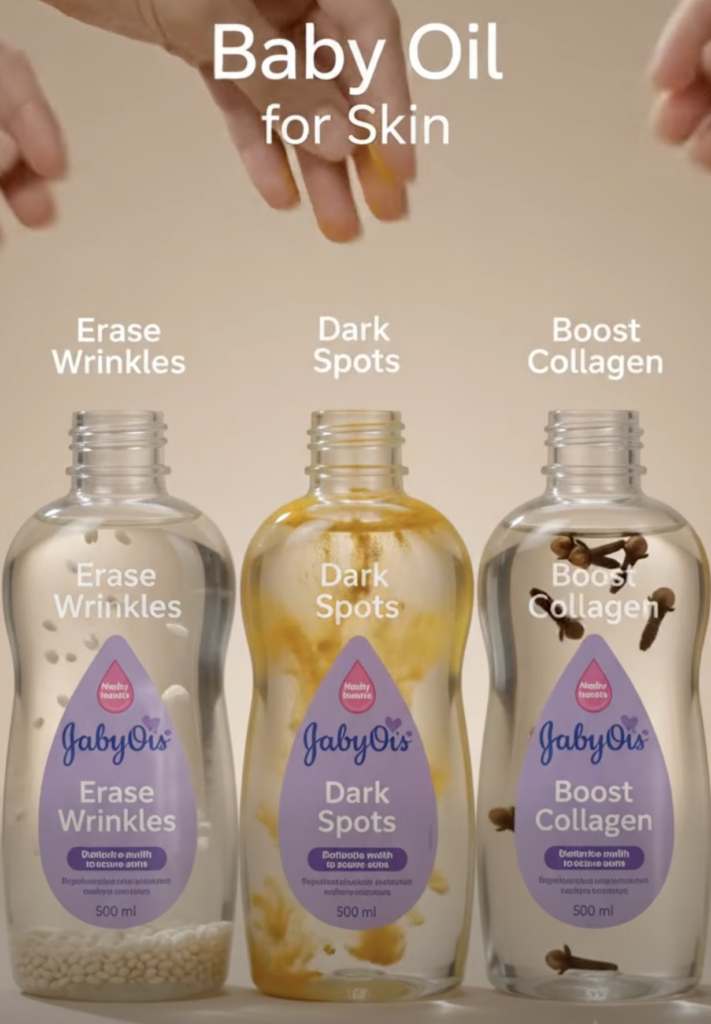 Three clear glass bottles of infused baby oil lined up with blurred hands above One bottle contains rice for wrinkles an