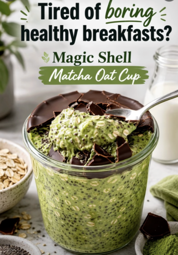 A close-up of a Magic Shell Matcha Oat Cup in a clear glass jar A spoon breaks through a dark chocolate shell revealing 