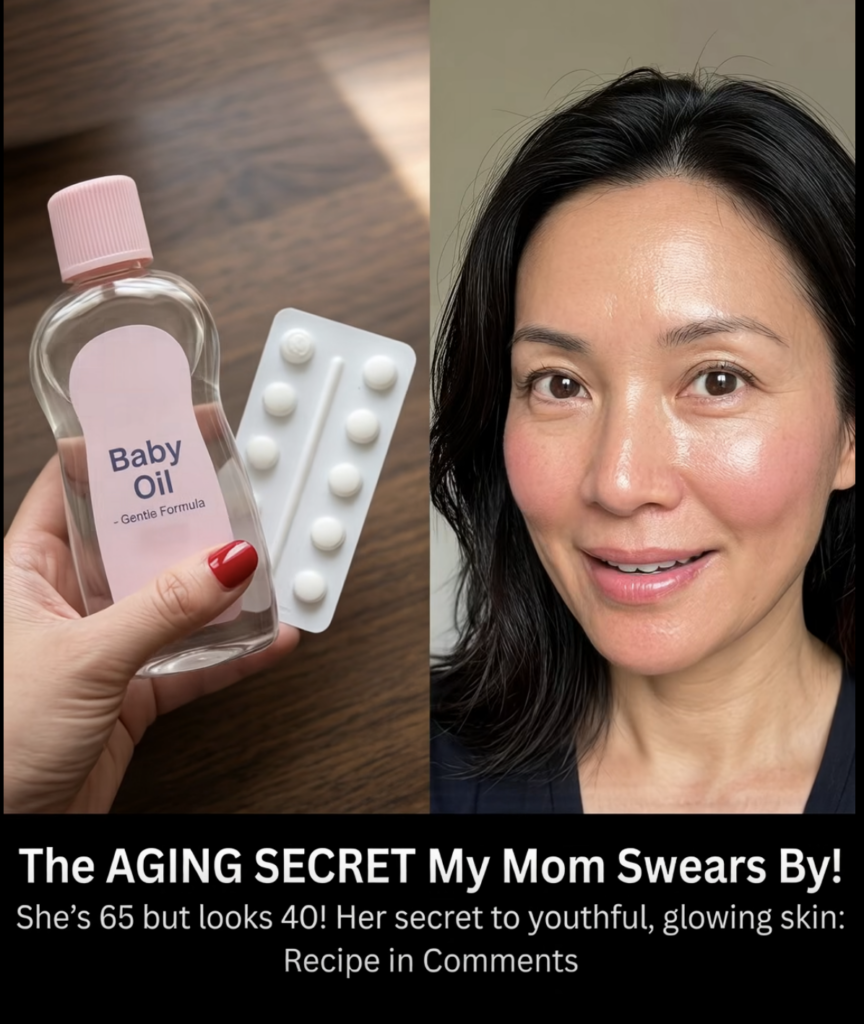 A vertical diptych showing a hand holding baby oil and pills on the left and a radiant youthful-looking woman on the rig