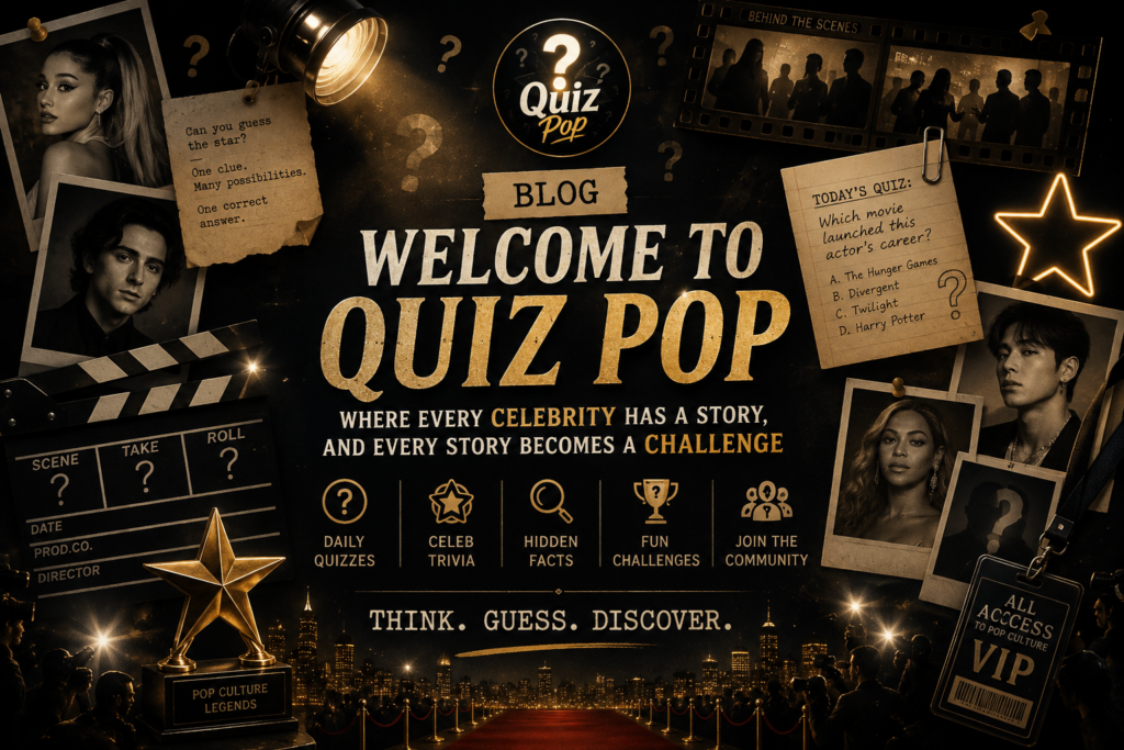 A dynamic and sophisticated visual for Quiz Pop with golden accents against a dark background featuring celebrity photos