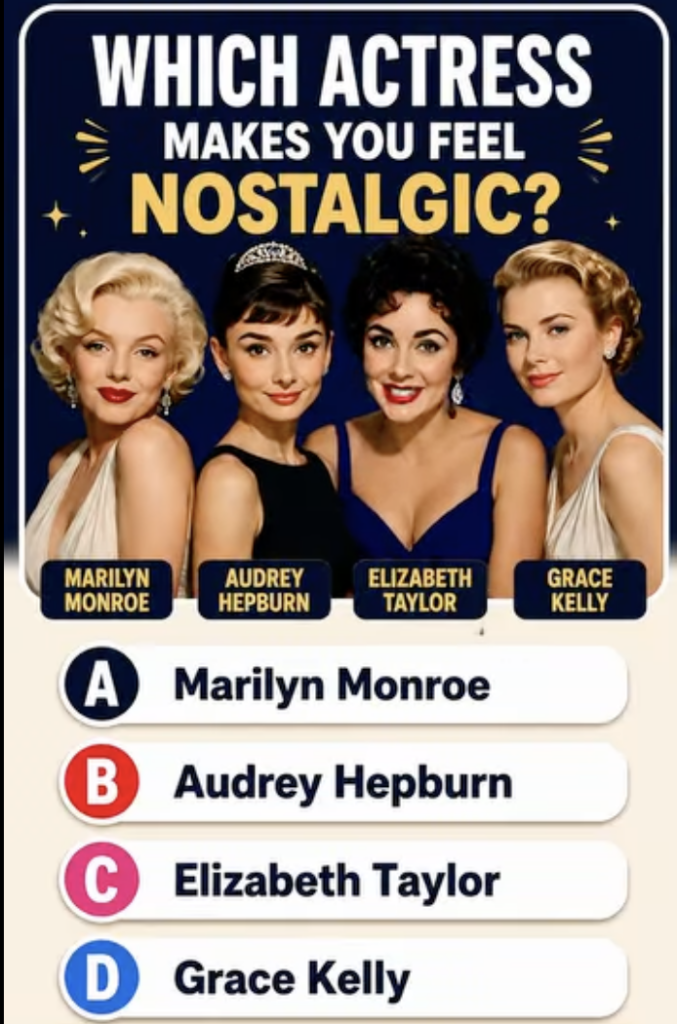 A quiz graphic with a dark blue background and gold stars featuring headshots of Marilyn Monroe Audrey Hepburn Elizabeth