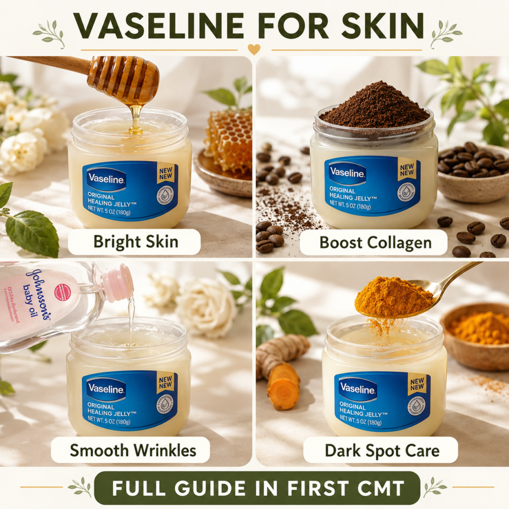 A 2x2 grid composite image showing four different Vaseline jar hacks Top left honey poured into Vaseline labeled Bright 