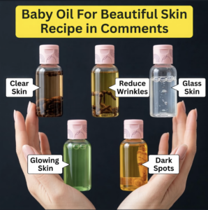 Five small clear glass bottles containing various infused oils each labeled with a benefit like Clear Skin Reduce Wrinkl