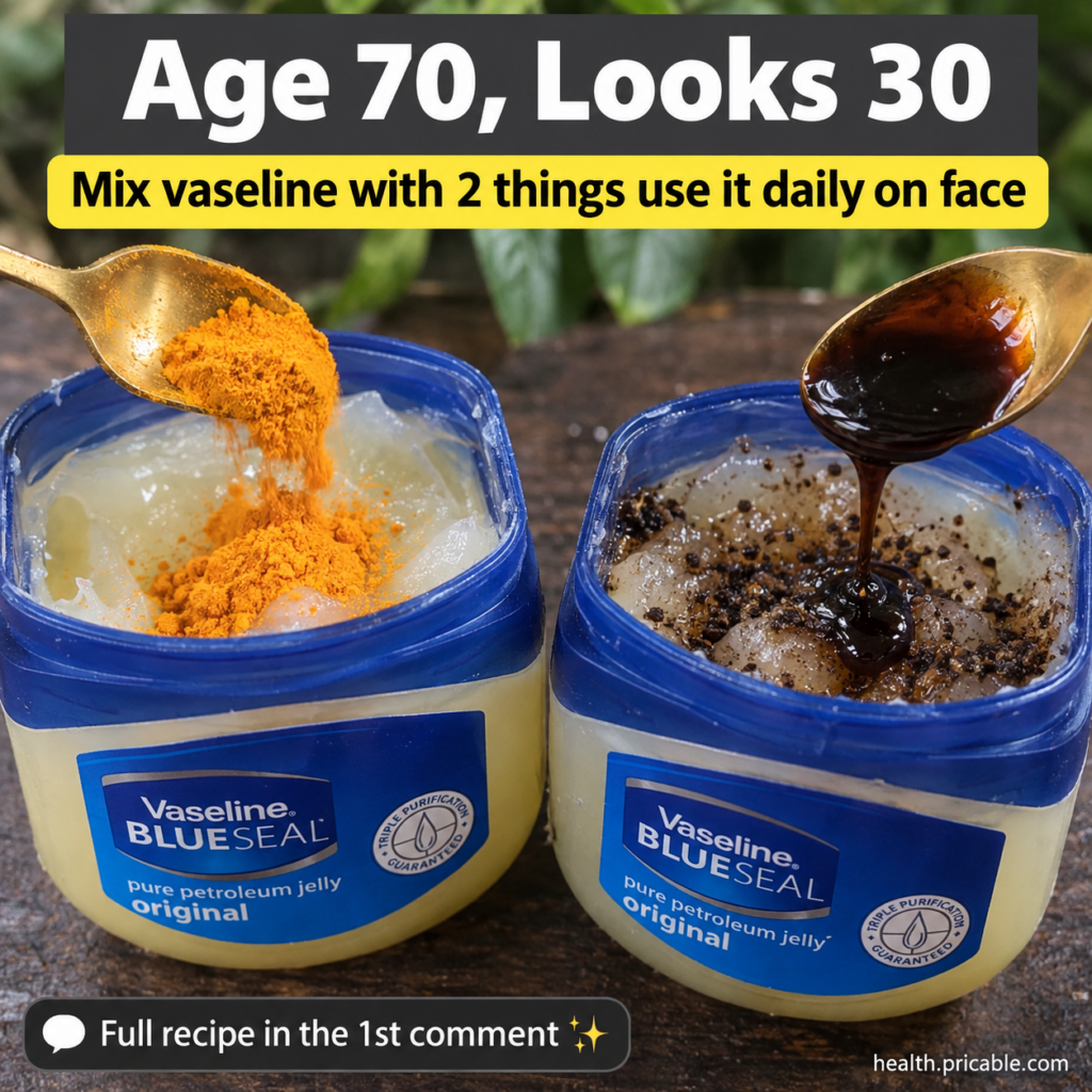 Two open jars of Vaseline one with turmeric powder being added by a golden spoon and the other with coffee grounds and a