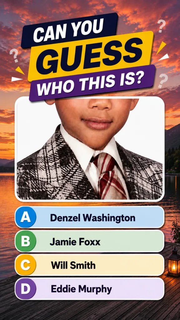 A quiz image asking to identify a celebrity from their childhood photo The image shows the lower half of a child s face 