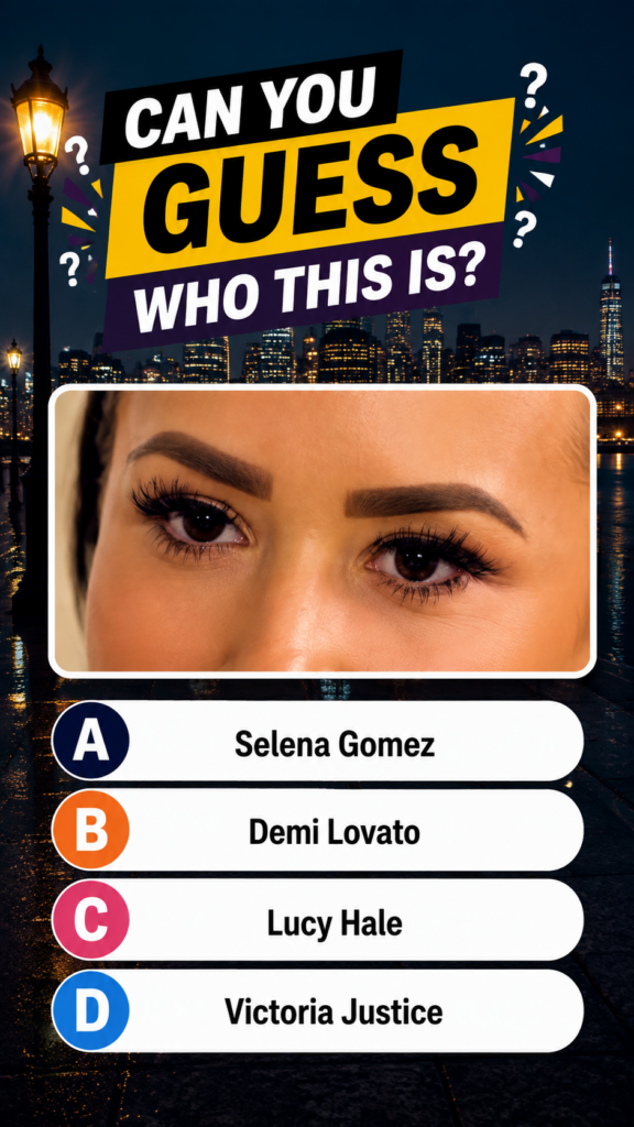 A celebrity trivia quiz showing a close-up of distinctive dark brown eyes with sculpted eyebrows and dramatic eyelashes 