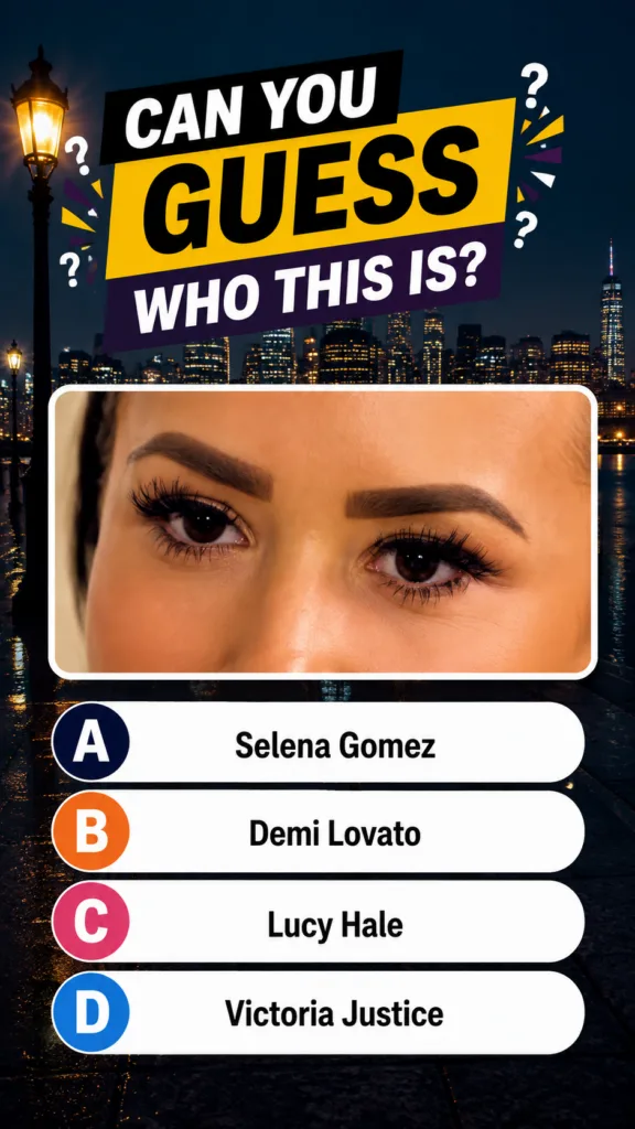 A celebrity trivia quiz showing a close-up of distinctive dark brown eyes with sculpted eyebrows and dramatic eyelashes 