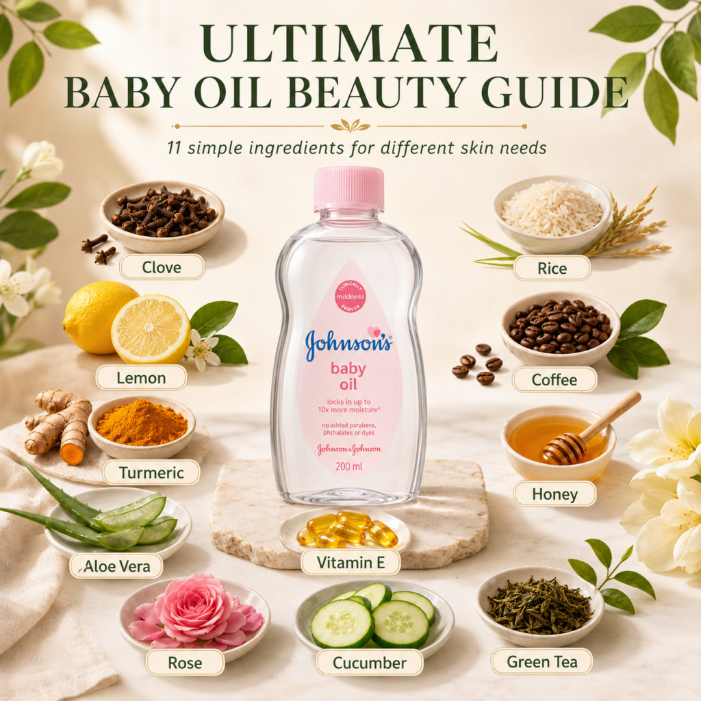 A flat lay image showing a Johnson s baby oil bottle surrounded by ten natural ingredients cloves lemon turmeric aloe ve