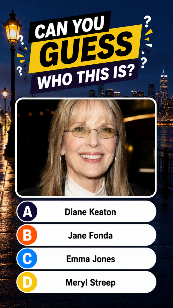 A vibrant and engaging celebrity identification quiz showing a close-up portrait of Diane Keaton with her signature tint