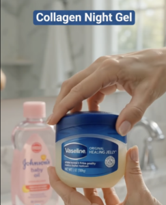 Hands holding a jar of Vaseline with a bottle of Johnson s Baby Oil in the blurred background A banner overlays the top 