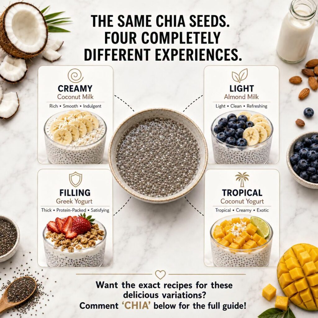 A flat lay showing a central bowl of hydrated chia seeds connected to four distinct chia pudding variations in glass bow