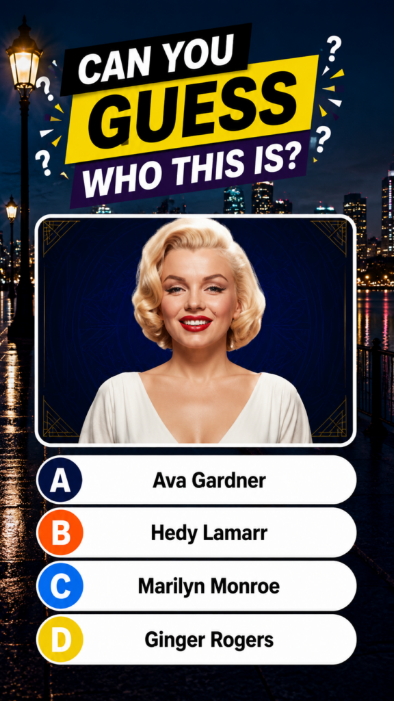 A trivia quiz graphic featuring a portrait of Marilyn Monroe with four multiple-choice options for her name
