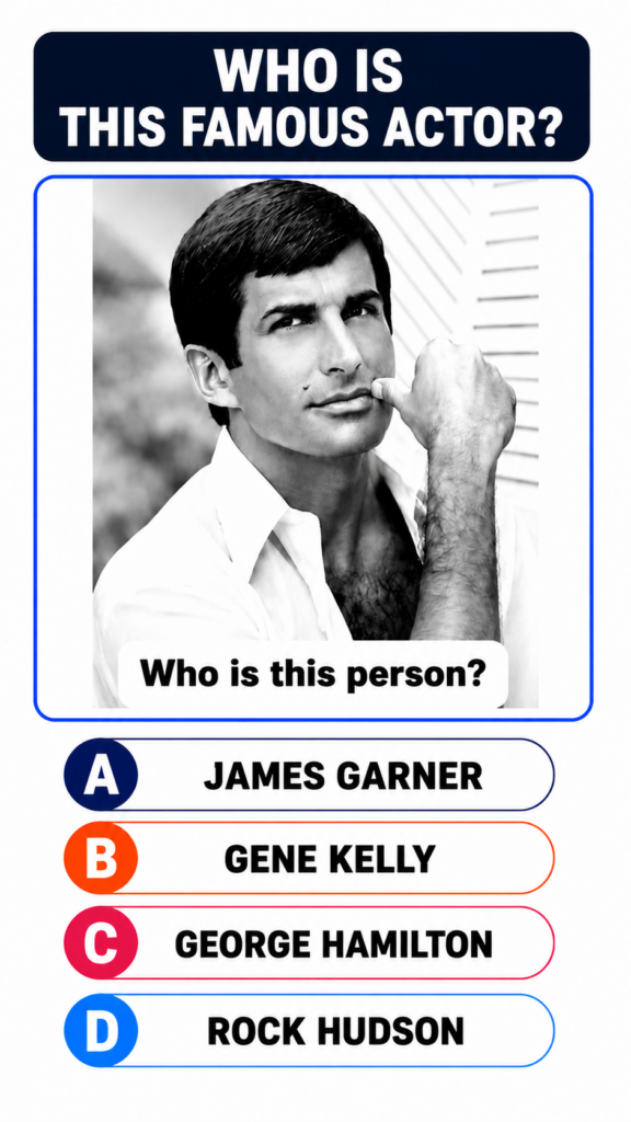 A black and white portrait quiz graphic showing George Hamilton with four multiple-choice options for a celebrity quiz