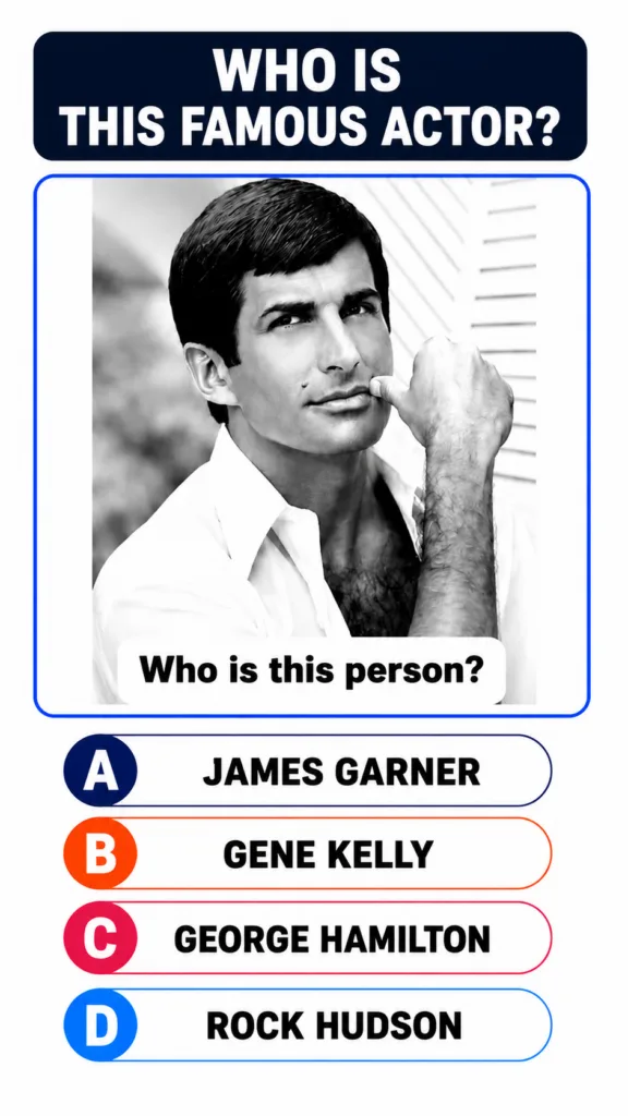A black and white portrait quiz graphic showing George Hamilton with four multiple-choice options for a celebrity quiz