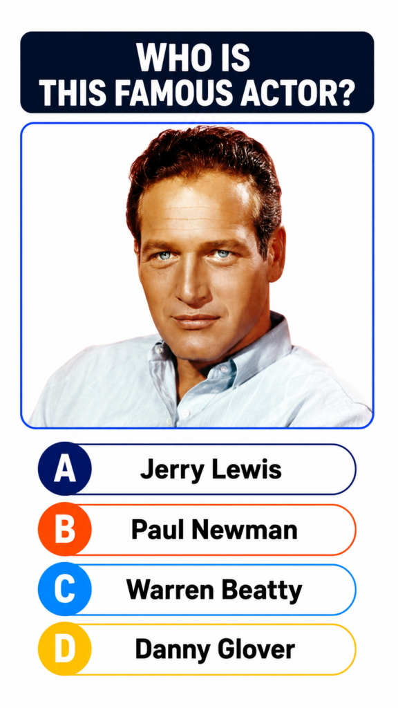 A quiz graphic featuring a portrait of Paul Newman with a question WHO IS THIS FAMOUS ACTOR and four multiple-choice opt