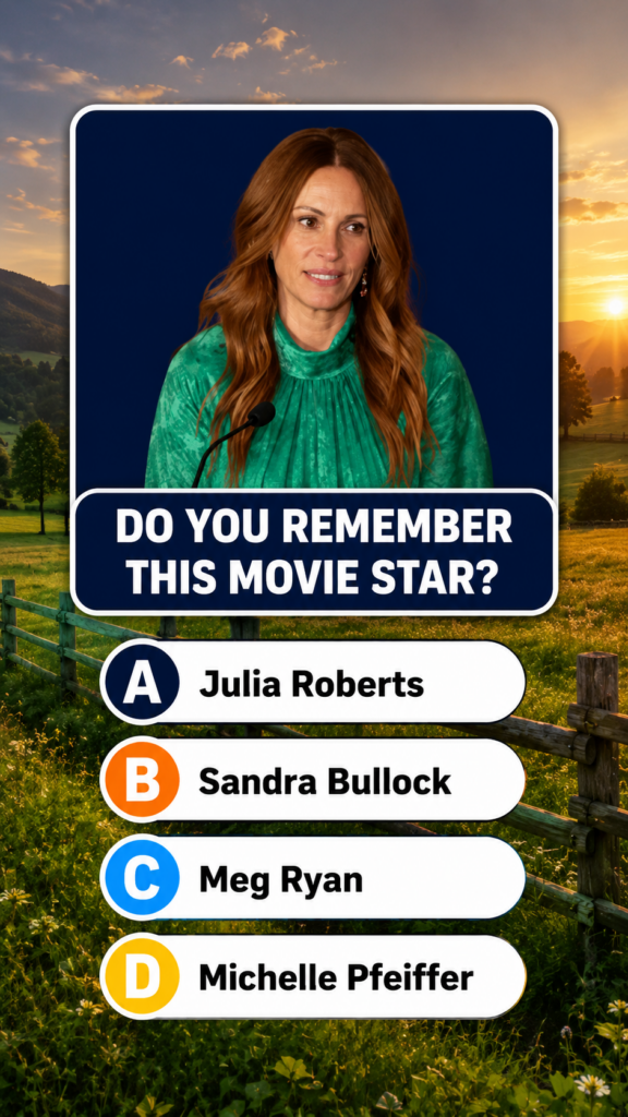 A celebrity quiz image showing a framed portrait of Julia Roberts in a green dress with multiple-choice options set agai