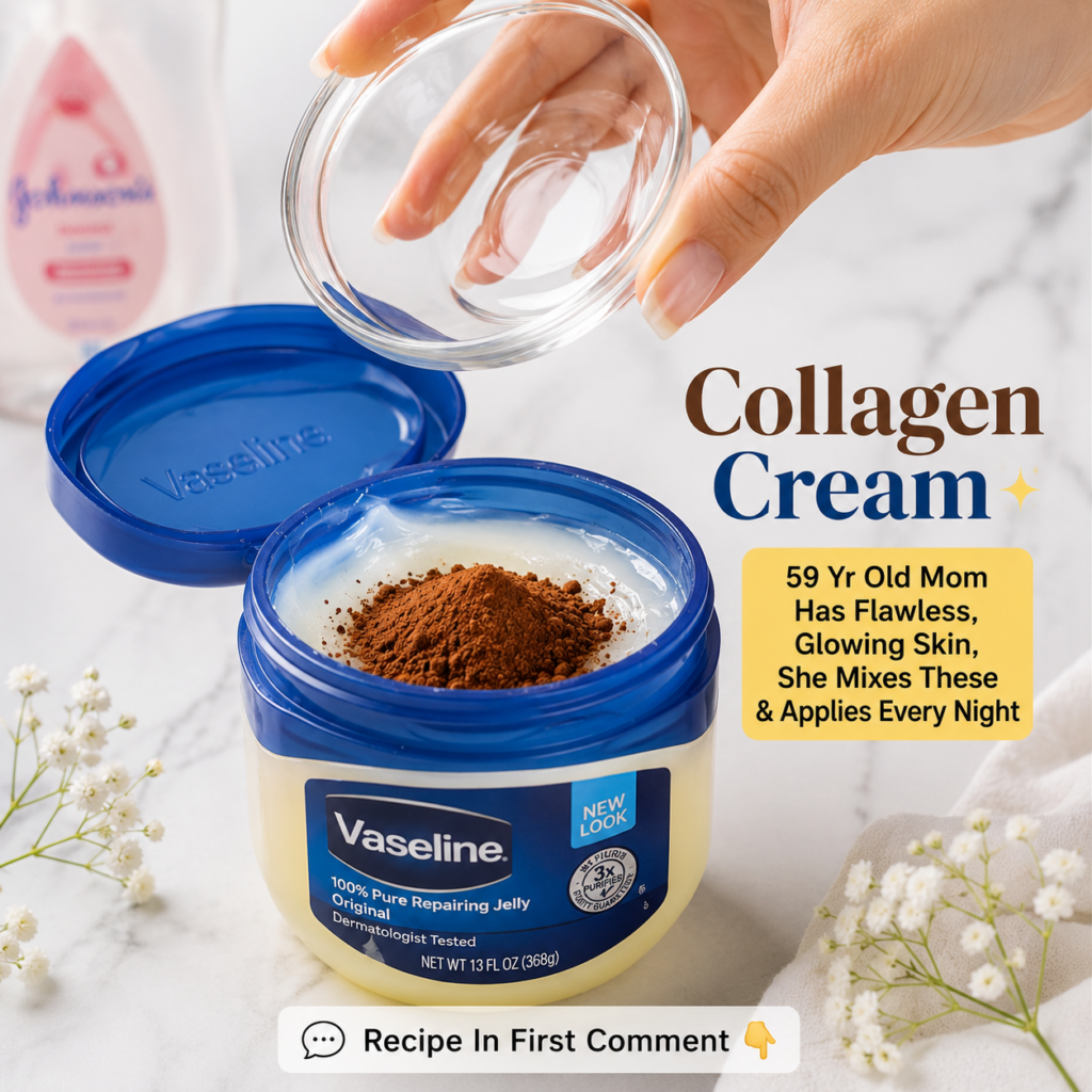 Overhead shot showing an open tub of Vaseline with brown powder on top a hand holding a small glass bowl and a bottle of