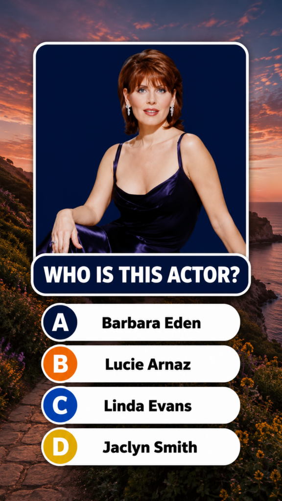 A multiple-choice quiz image featuring an elegant portrait of a woman with auburn hair and blue eyes wearing a dark purp