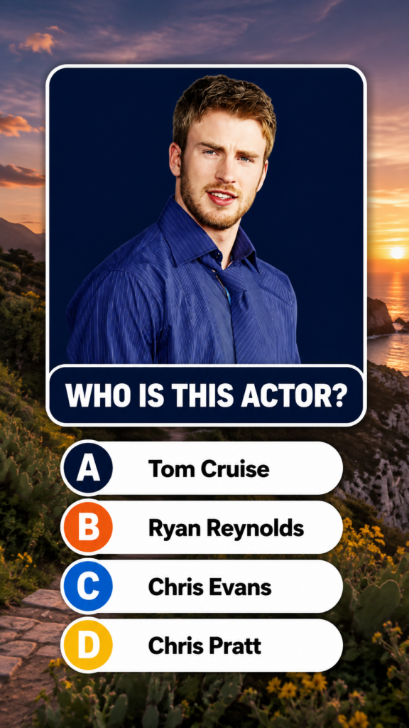 A multiple-choice quiz image showing a young Chris Evans with short dirty-blonde hair light stubble wearing a blue pinst