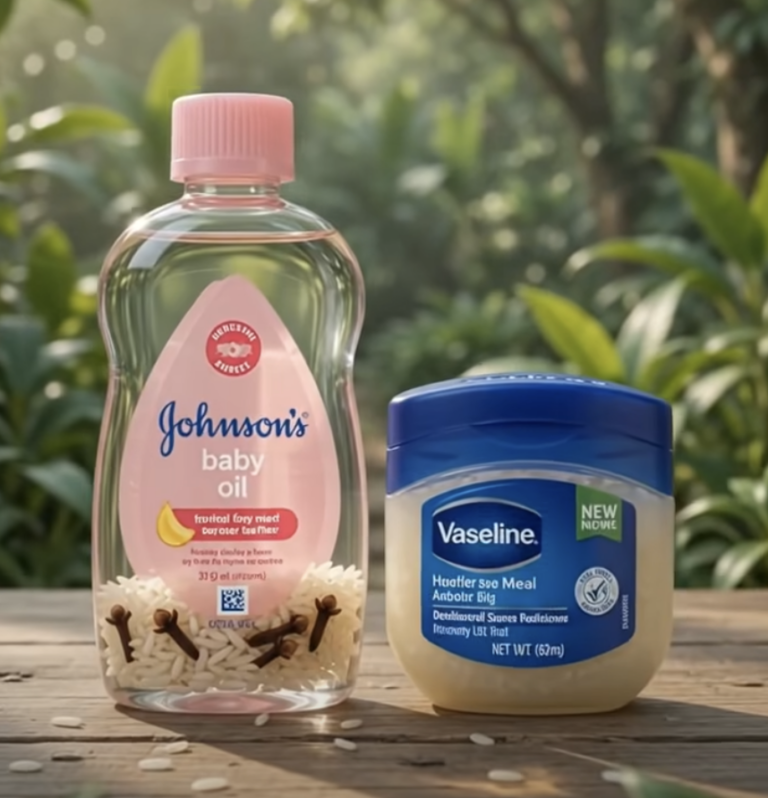 Two well-known personal care products Johnson s Baby Oil and Vaseline Petroleum Jelly on a rustic wooden surface The bab