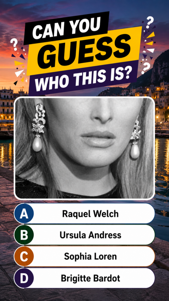 A cropped black-and-white portrait of Raquel Welch s lower face with a pearl earring overlaid on a colorful twilight Eur