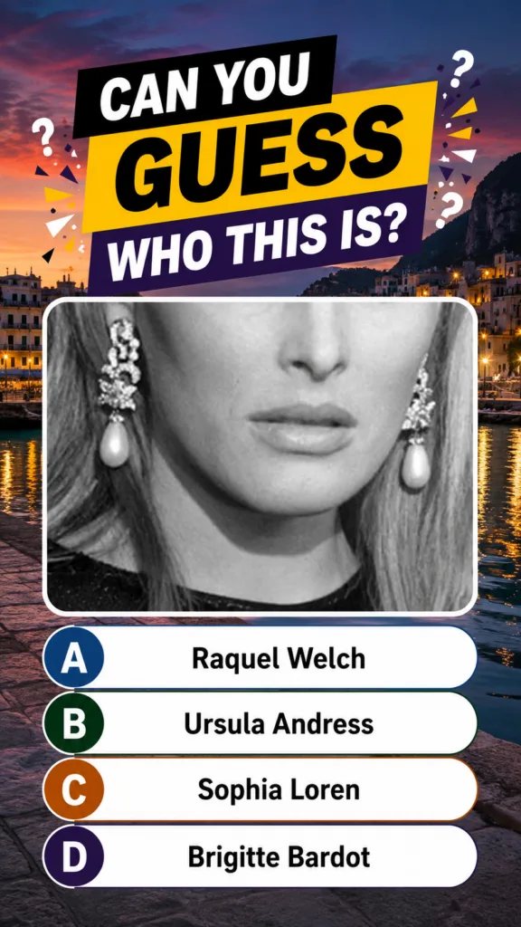 A cropped black-and-white portrait of Raquel Welch s lower face with a pearl earring overlaid on a colorful twilight Eur