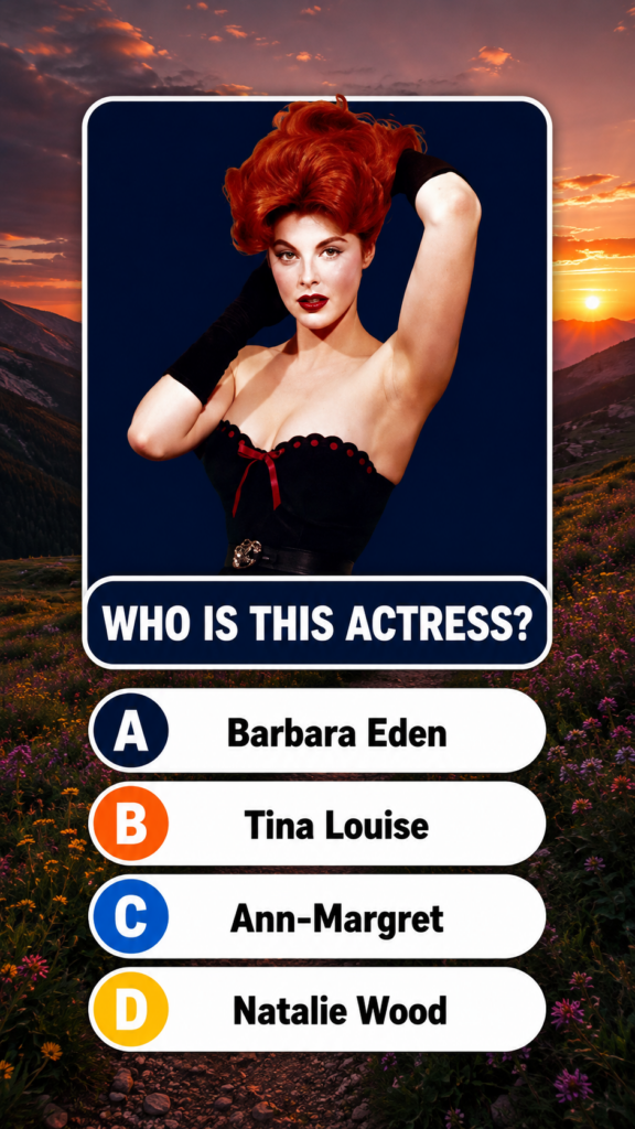 A vintage-style multiple-choice quiz image featuring a glamorous portrait of actress Tina Louise with fiery red hair and