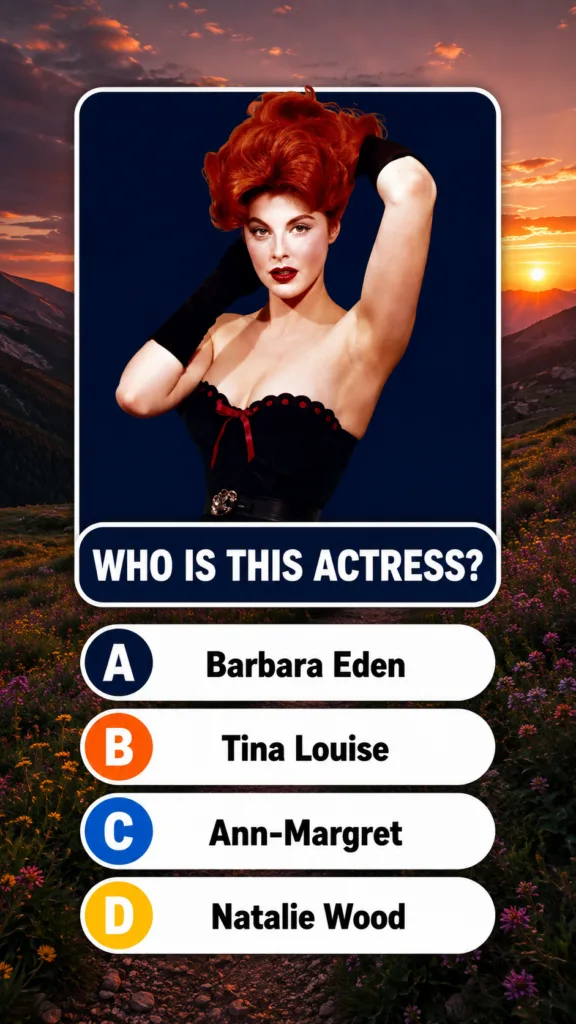 A vintage-style multiple-choice quiz image featuring a glamorous portrait of actress Tina Louise with fiery red hair and