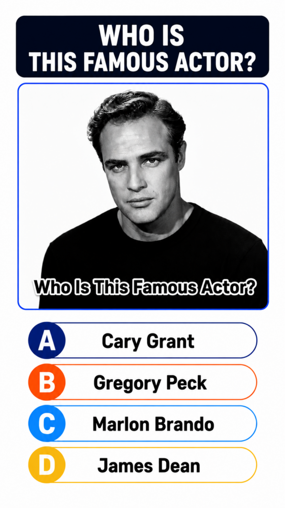 Black and white portrait of a young Marlon Brando from a multiple-choice quiz showing his intense gaze and strong jawlin