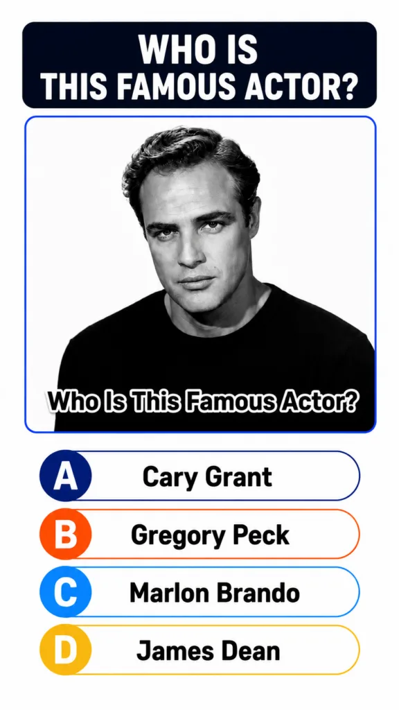 Black and white portrait of a young Marlon Brando from a multiple-choice quiz showing his intense gaze and strong jawlin
