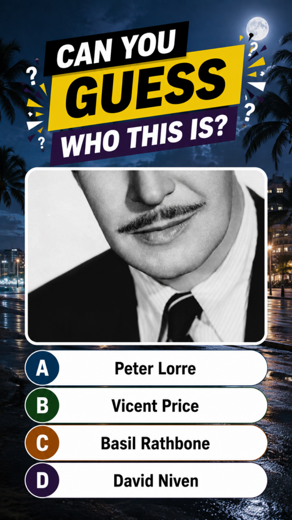 A quiz graphic with a black-and-white close-up portrait of a man with a pencil mustache formal attire against a night ci