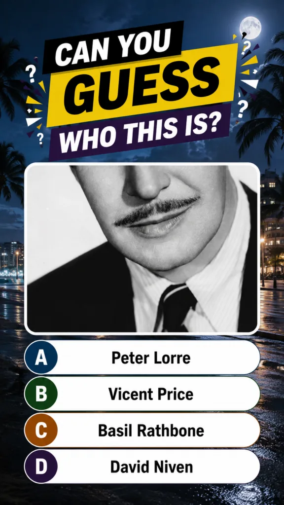 A quiz graphic with a black-and-white close-up portrait of a man with a pencil mustache formal attire against a night ci