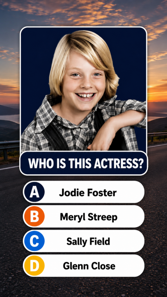 A white-bordered quiz card over a sunset highway backdrop featuring a headshot of a smiling young girl with blonde bob-c