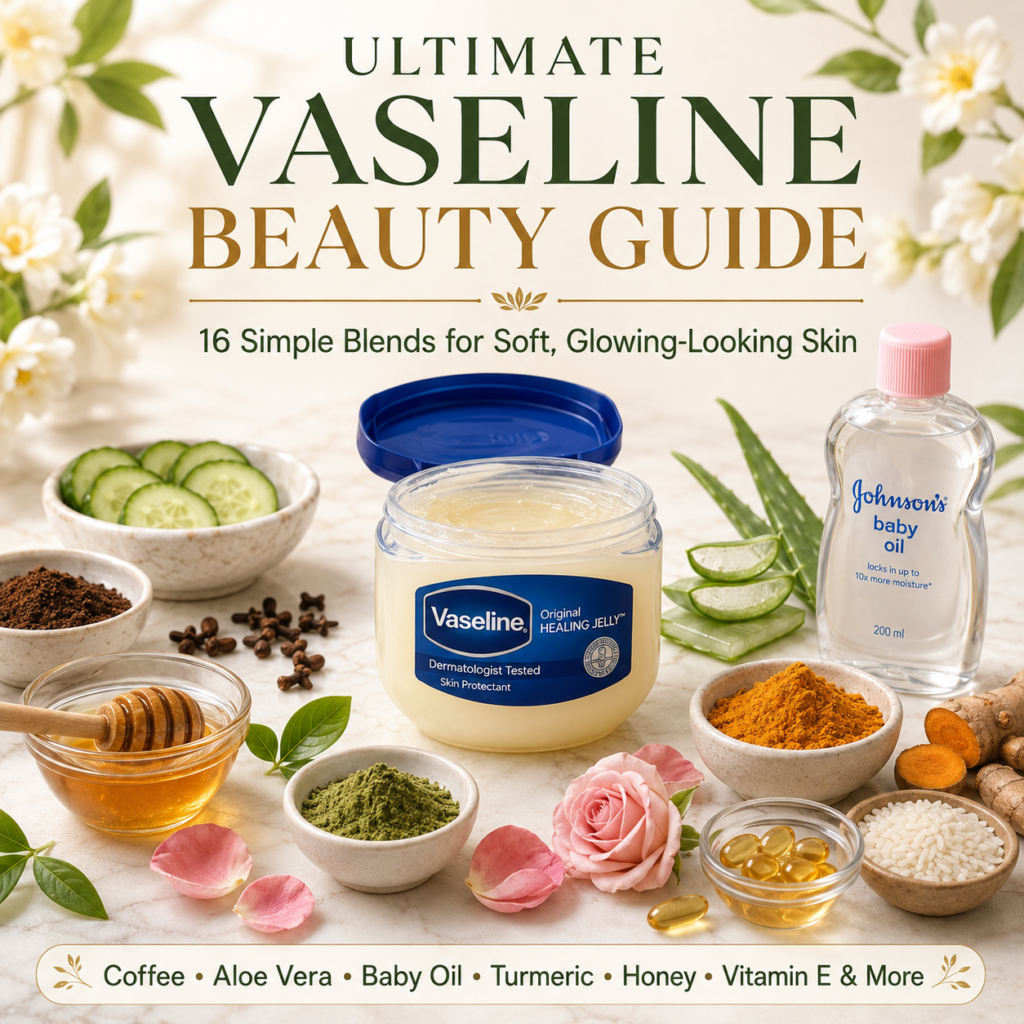 A bright clean flat lay featuring an open jar of Vaseline Original Healing Jelly surrounded by small bowls of natural in