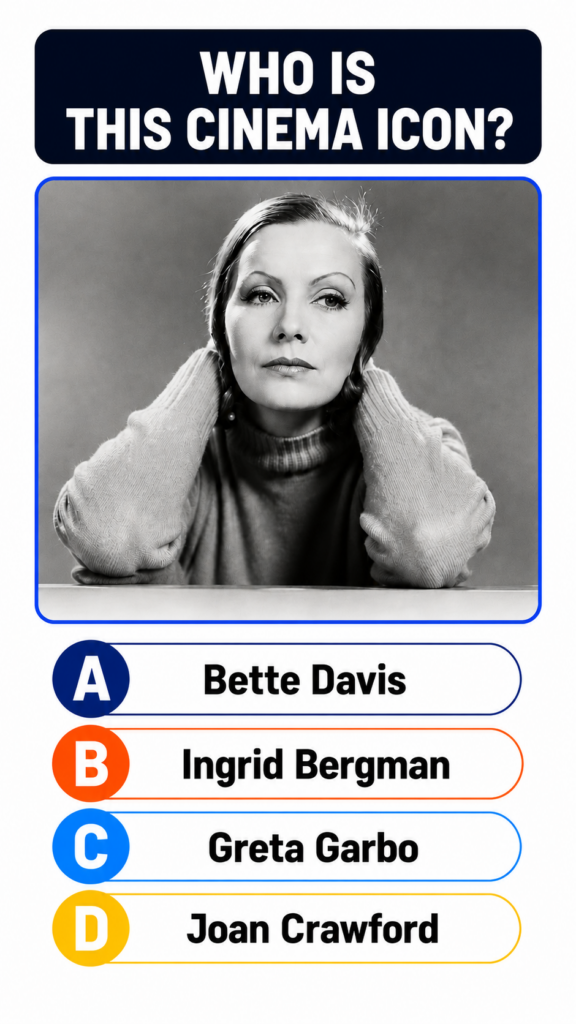 A black and white portrait of Greta Garbo from a quiz image with the question WHO IS THIS CINEMA ICON and multiple choic