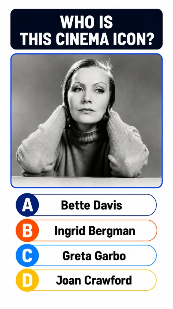 A black and white portrait of Greta Garbo from a quiz image with the question WHO IS THIS CINEMA ICON and multiple choic