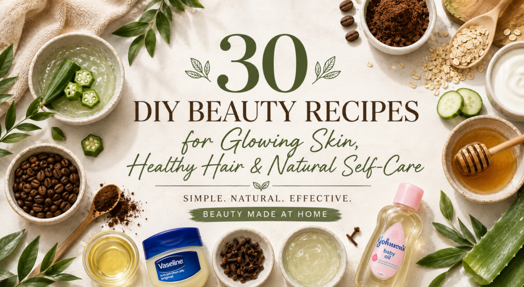 An overhead flat lay of various natural ingredients and beauty products used for DIY recipes centered around text that r