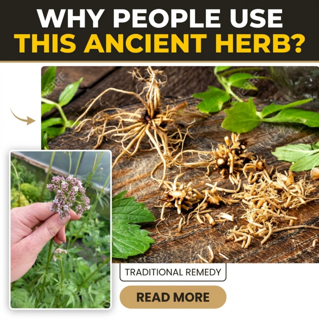 Dried Valerian roots and some fresh Valerian leaves on a dark wooden surface with an inset of a hand holding small pinki