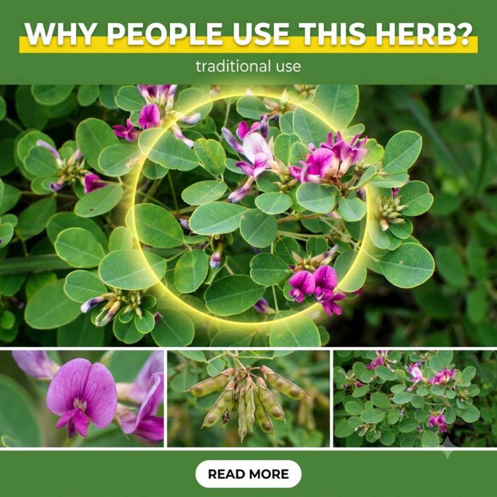 A graphic showcasing the Desmodium styracifolium plant with its distinctive purple flowers and seed pods surrounded by e