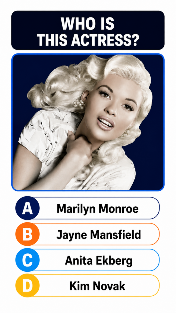 A trivia quiz image featuring a glamorous 1950s platinum blonde actress Jayne Mansfield with multiple-choice options