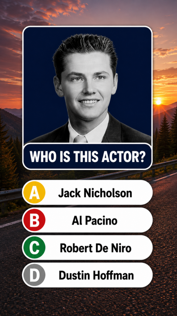 Black and white portrait of a young Jack Nicholson with slicked-back hair and a confident smile as part of a trivia quiz