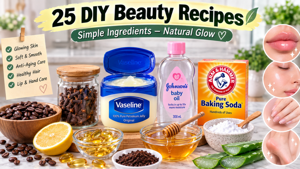 A vibrant flat lay showing various DIY beauty ingredients and branded products like Vaseline baby oil baking soda coffee