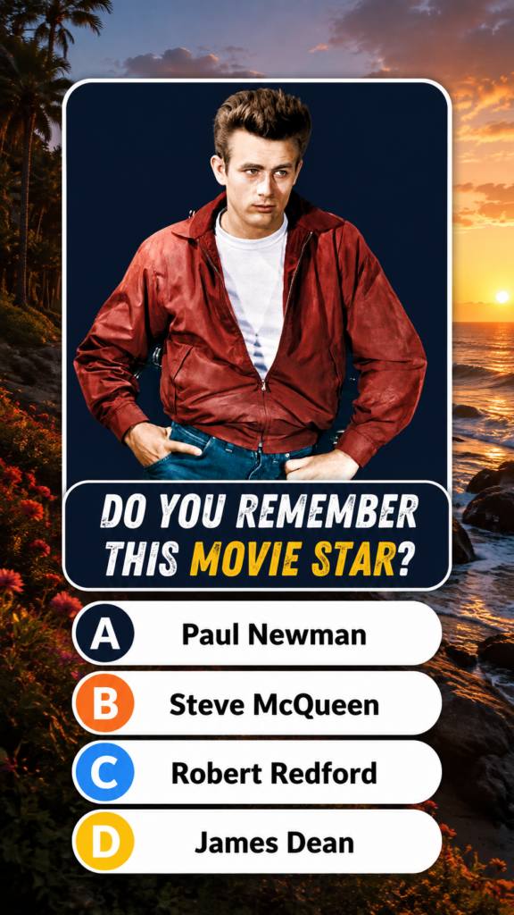 A quiz image featuring an iconic portrait of James Dean in a red bomber jacket set against a warm sunset beach scene wit
